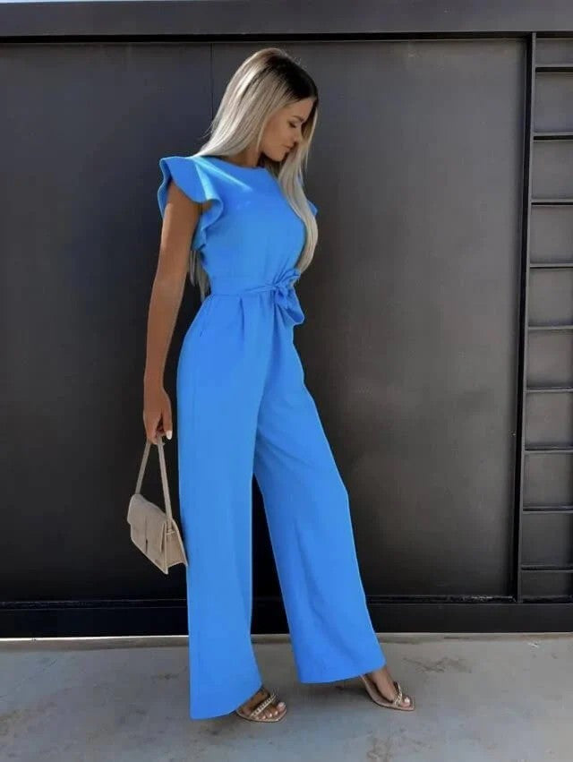Damen Jumpsuit mit weitem Bein – Hohe Taille mit Bindegürtel | Fließend Drapierter gewebter Stoff