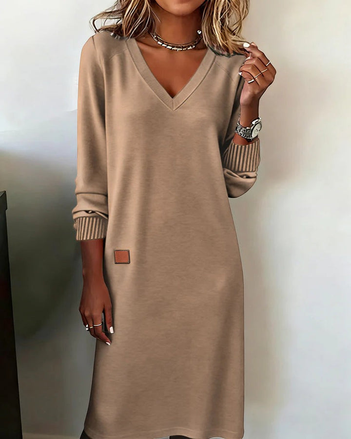 Midikleid Damen V-Ausschnitt Lange Ärmel – Gerade Legere Passform | Weiche Strickware