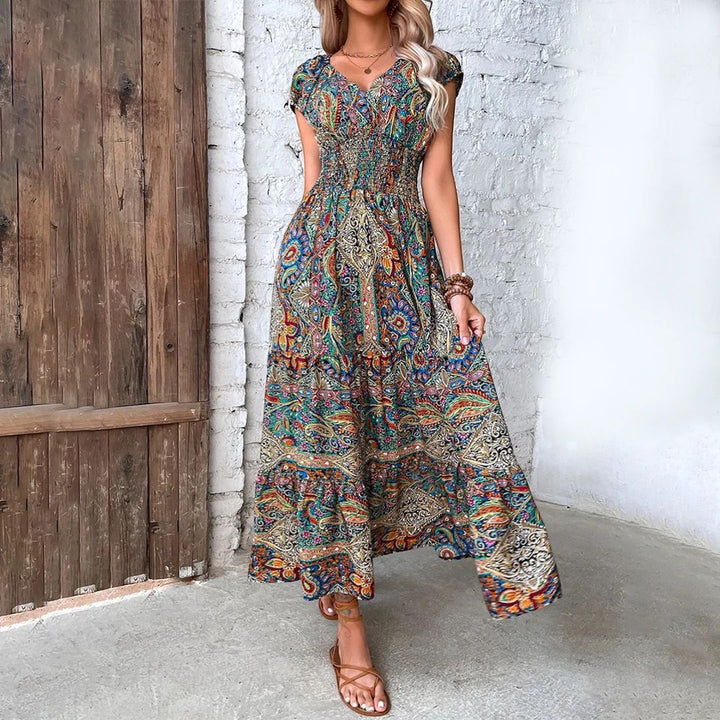 Boho Maxikleid mit V-Ausschnitt für Damen – Lässiger Schnitt mit fließendem Rock | Leichter gewebter Stoff