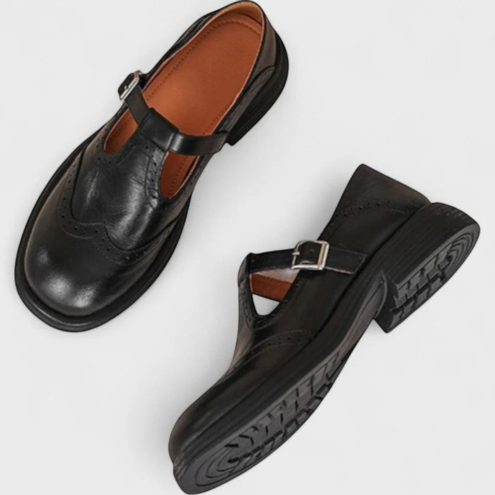 Claire Mode | Damen strukturierte Lederschuhe mit dickem Absatz