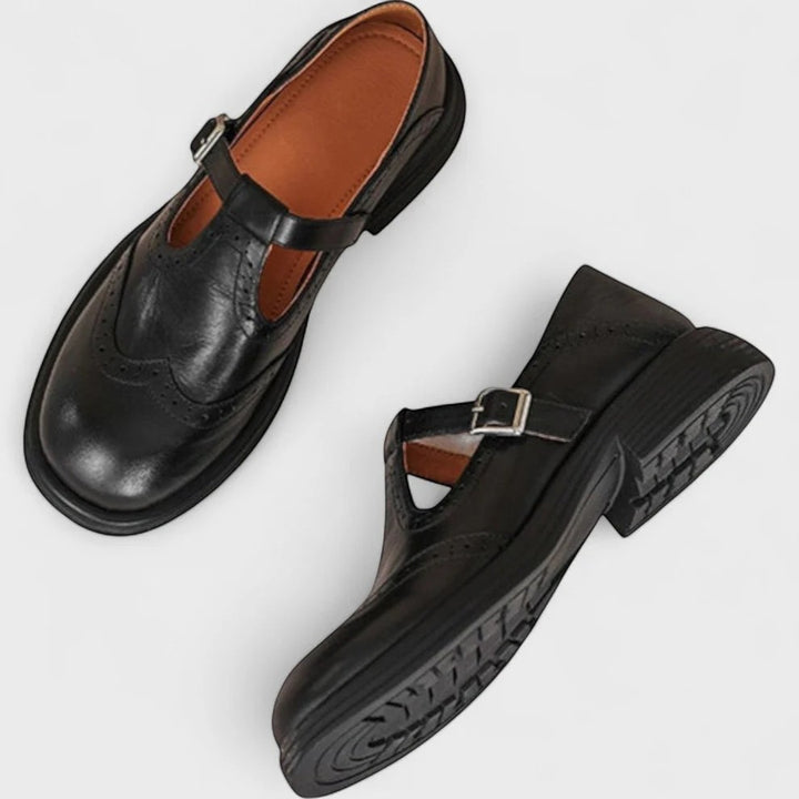 Claire Mode | Damen strukturierte Lederschuhe mit dickem Absatz