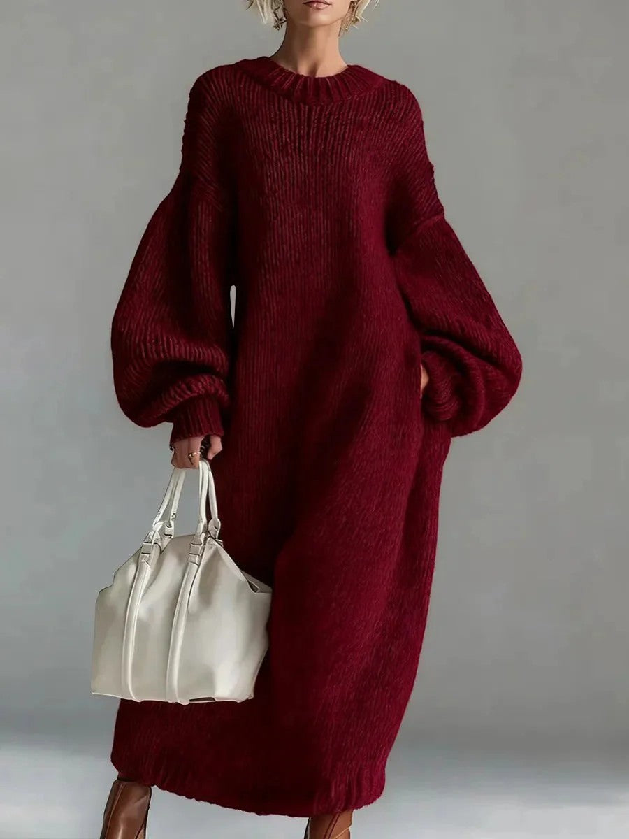 Pulloverkleid Damen Rundhalsausschnitt – Weite Passform Laternenärmel | Wollmischstrickware
