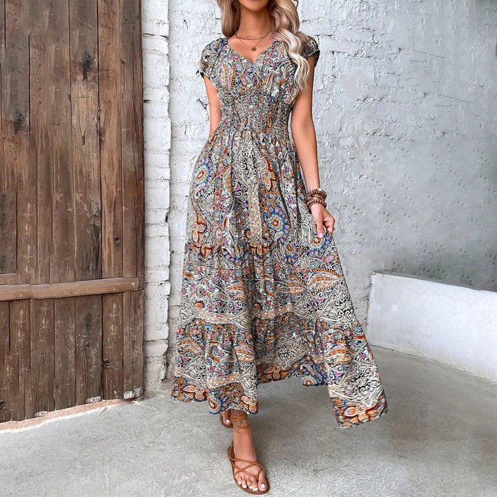 Boho Maxikleid mit V-Ausschnitt für Damen – Lässiger Schnitt mit fließendem Rock | Leichter gewebter Stoff