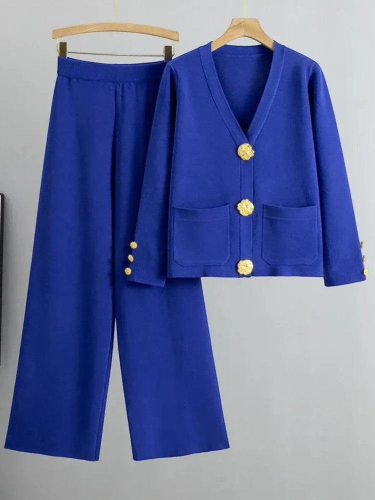 Damen Set aus Cardigan und Hose aus Acrylstrick – Lässiger Schnitt mit Knöpfen