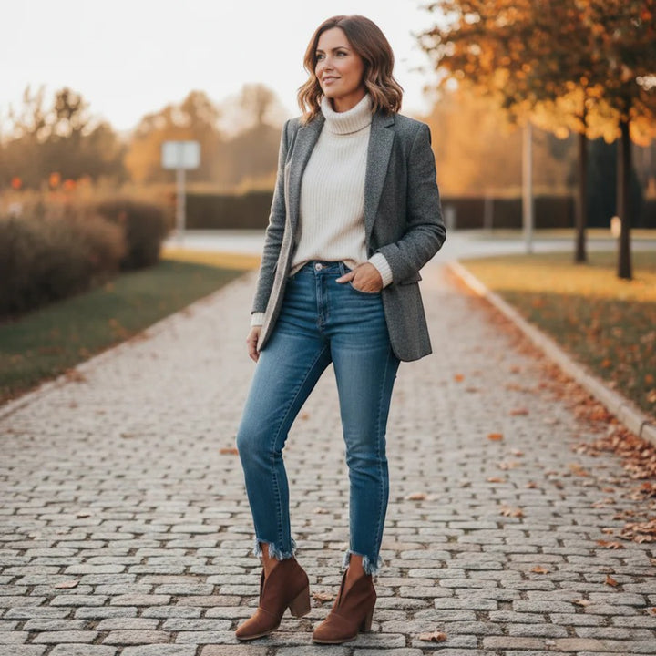 Damen-Stiefeletten aus Wildleder mit dickem Absatz – geflochtener Riemen, ausgeschnittenes Design