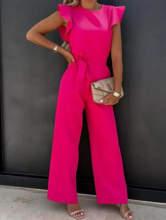 Damen Jumpsuit mit weitem Bein – Hohe Taille mit Bindegürtel | Fließend Drapierter gewebter Stoff