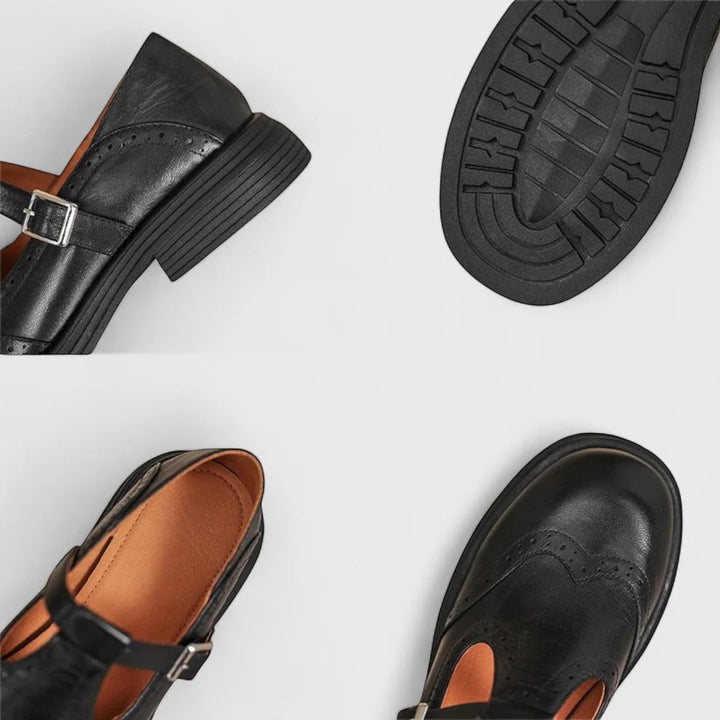 Claire Mode | Damen strukturierte Lederschuhe mit dickem Absatz