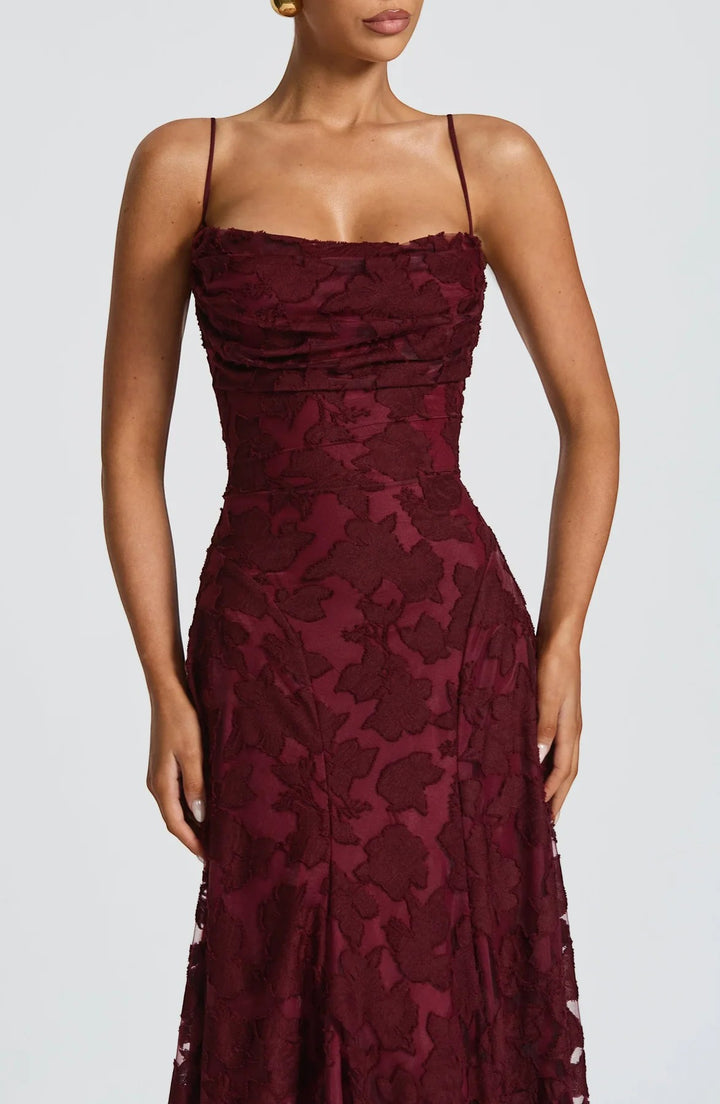 Vestito Maxi Donna con Schiena Scoperta e Lacci – Corsetto Aderente | Pizzo Testurizzato