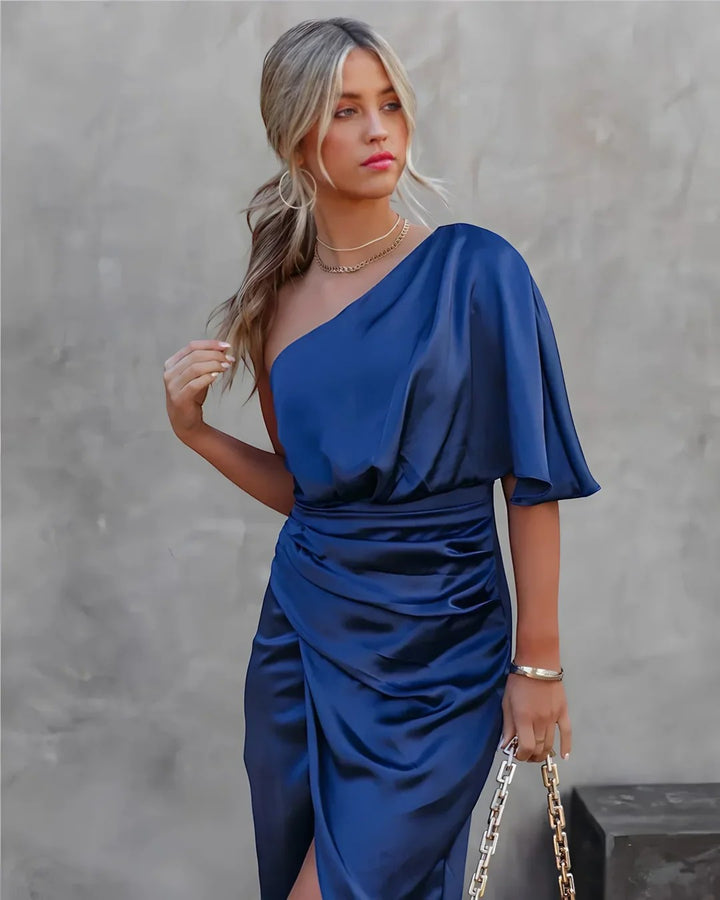 Asymmetrisches Abendkleid für Damen mit einer Schulter – Slim Fit Midi mit Schlitz | Baumwollmischung