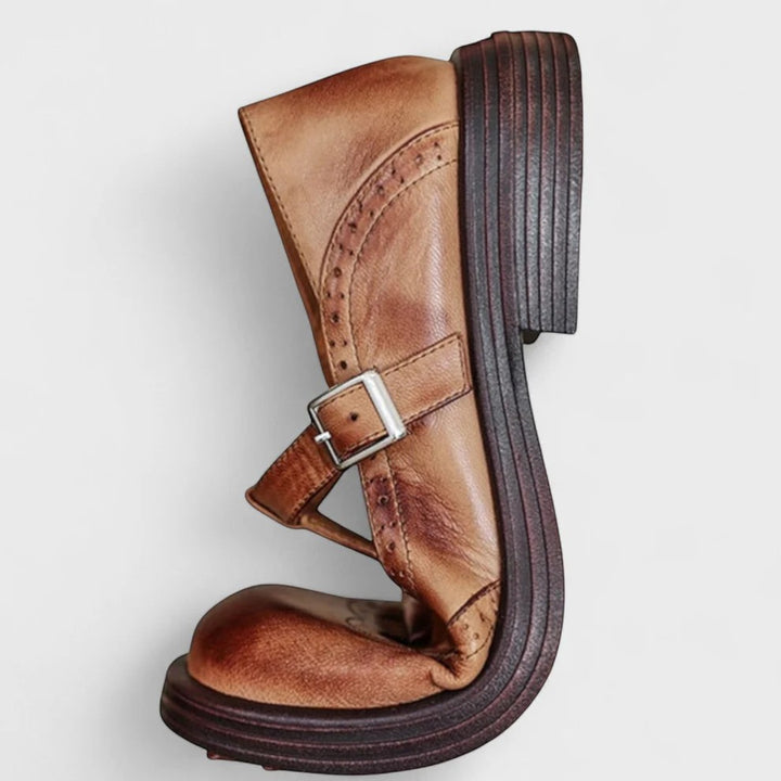 Claire Mode | Damen strukturierte Lederschuhe mit dickem Absatz