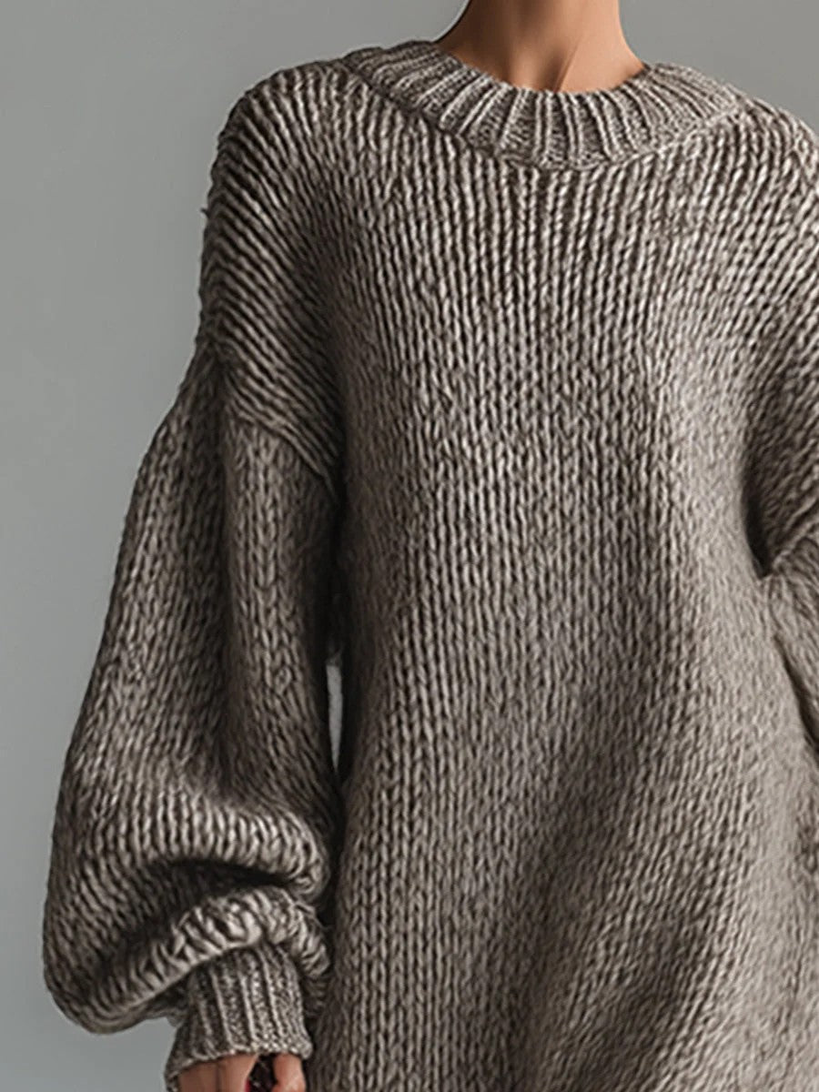 Pulloverkleid Damen Rundhalsausschnitt – Weite Passform Laternenärmel | Wollmischstrickware