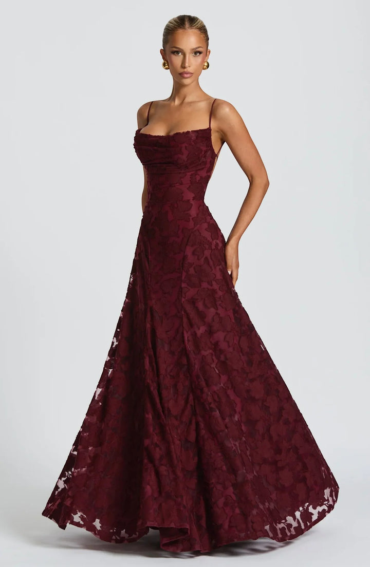 Vestito Maxi Donna con Schiena Scoperta e Lacci – Corsetto Aderente | Pizzo Testurizzato