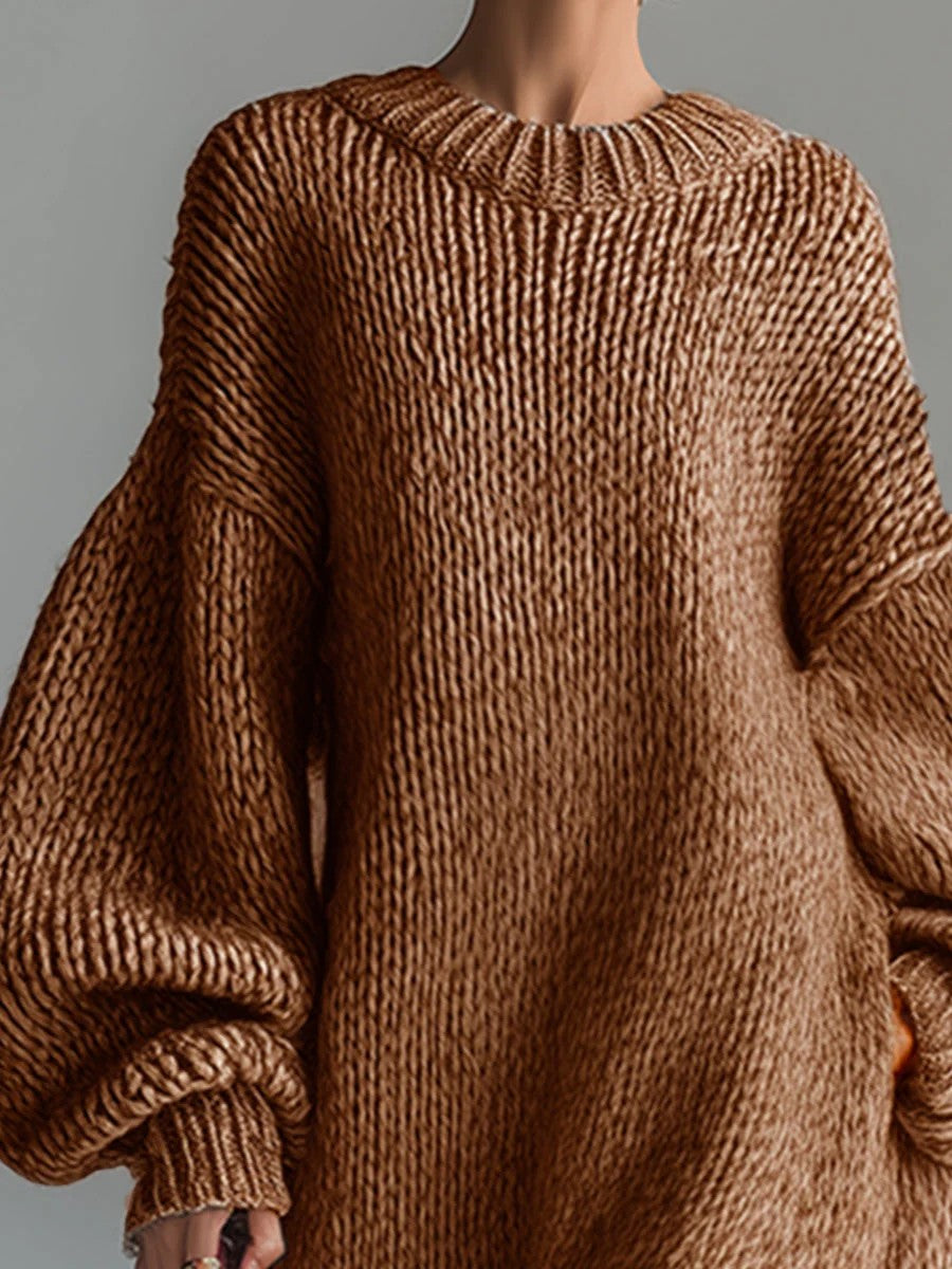 Pulloverkleid Damen Rundhalsausschnitt – Weite Passform Laternenärmel | Wollmischstrickware