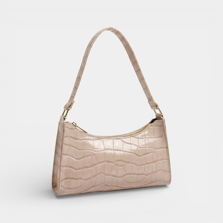 Schultertasche aus glänzendem, strukturiertem Leder für Damen – Kompaktes Format