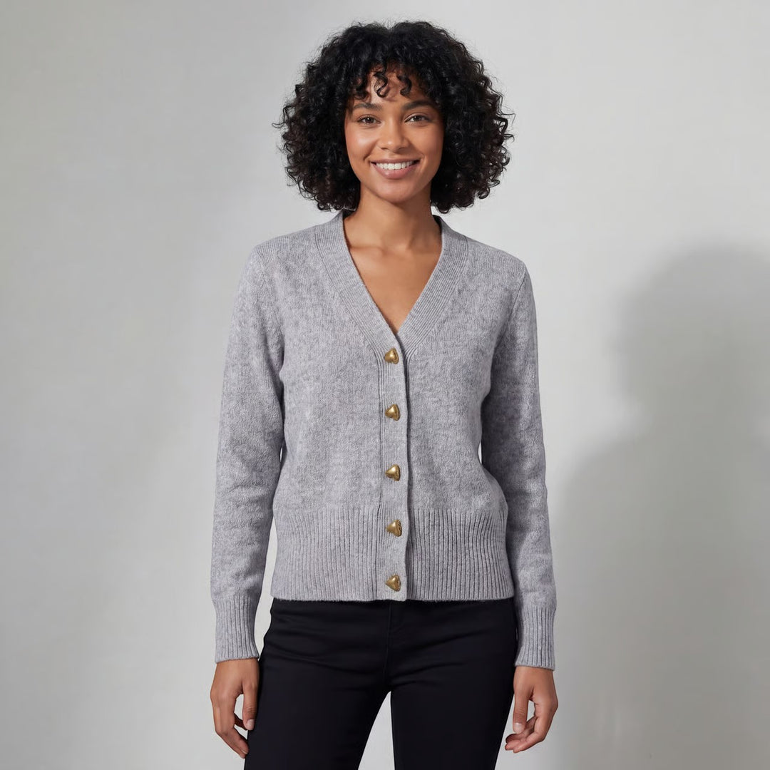 Damen Strickjacke mit V-Ausschnitt – Legere Passform mit Herzschließe