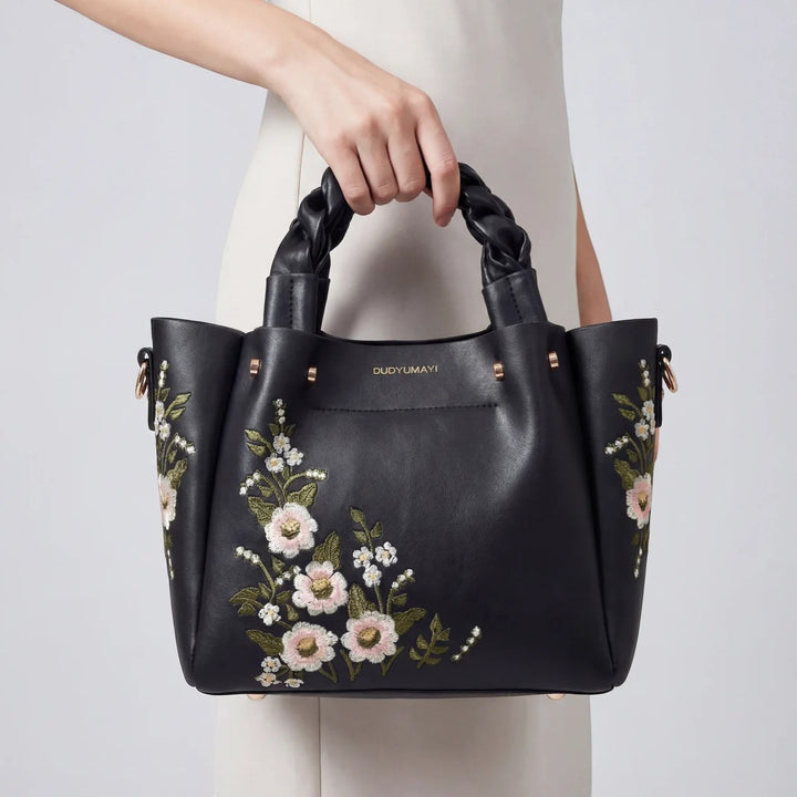 Borsa shopper da donna in pelle con ricamo floreale – borsa strutturata di media grandezza da portare a spalla