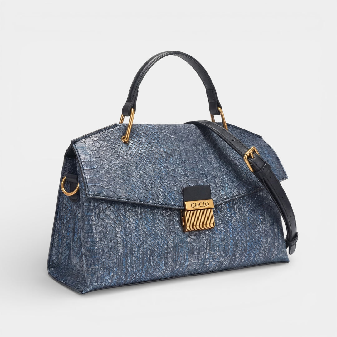 Damen Handtasche aus strukturiertem Leder – Klappverschluss mit Schlangenoptik