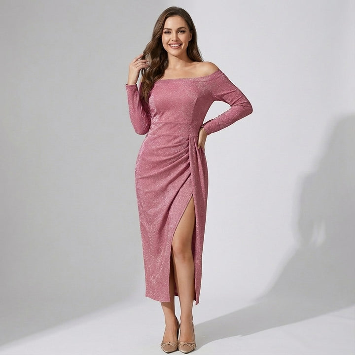 Damen Kleid mit schulterfreiem, schimmerndem Strick – Bodycon-Schnitt