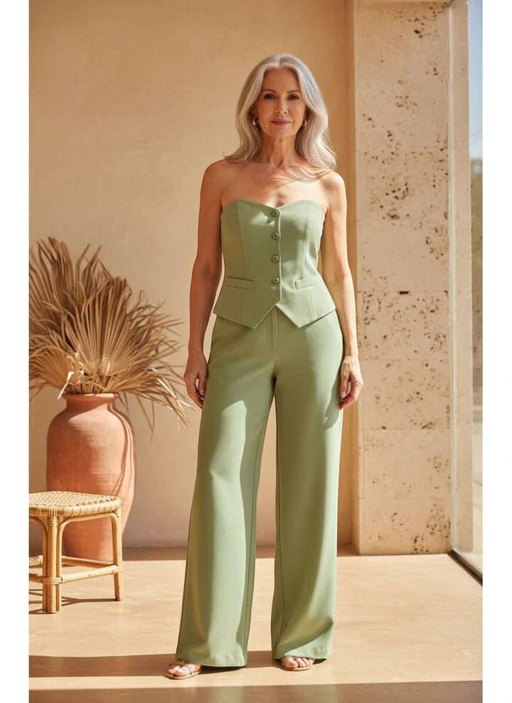 Claire Mode | Completo pantaloni donna due pezzi tailleur senza spalline in tessuto intrecciato