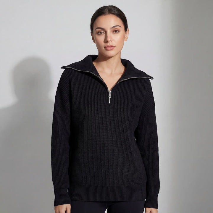 Damen Rippenstrick-Pullover mit halbem Reißverschluss