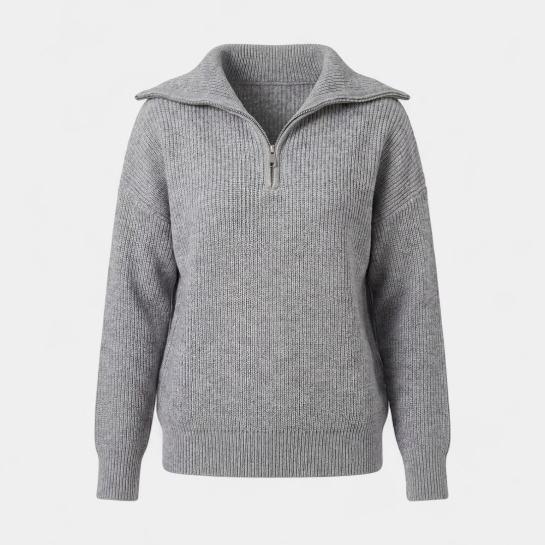Damen Rippenstrick-Pullover mit halbem Reißverschluss