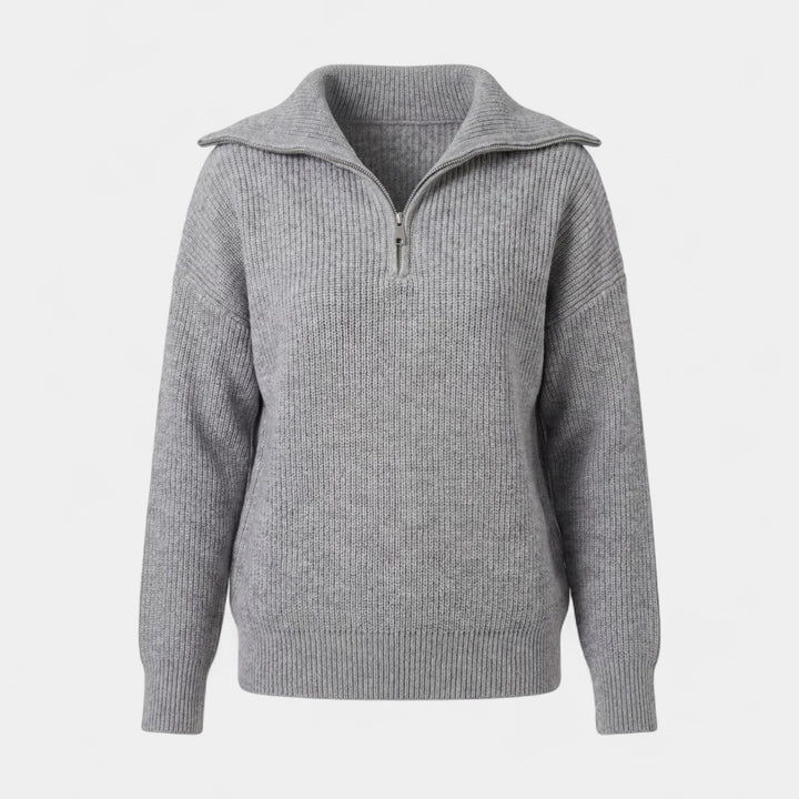 Damen Rippenstrick-Pullover mit halbem Reißverschluss