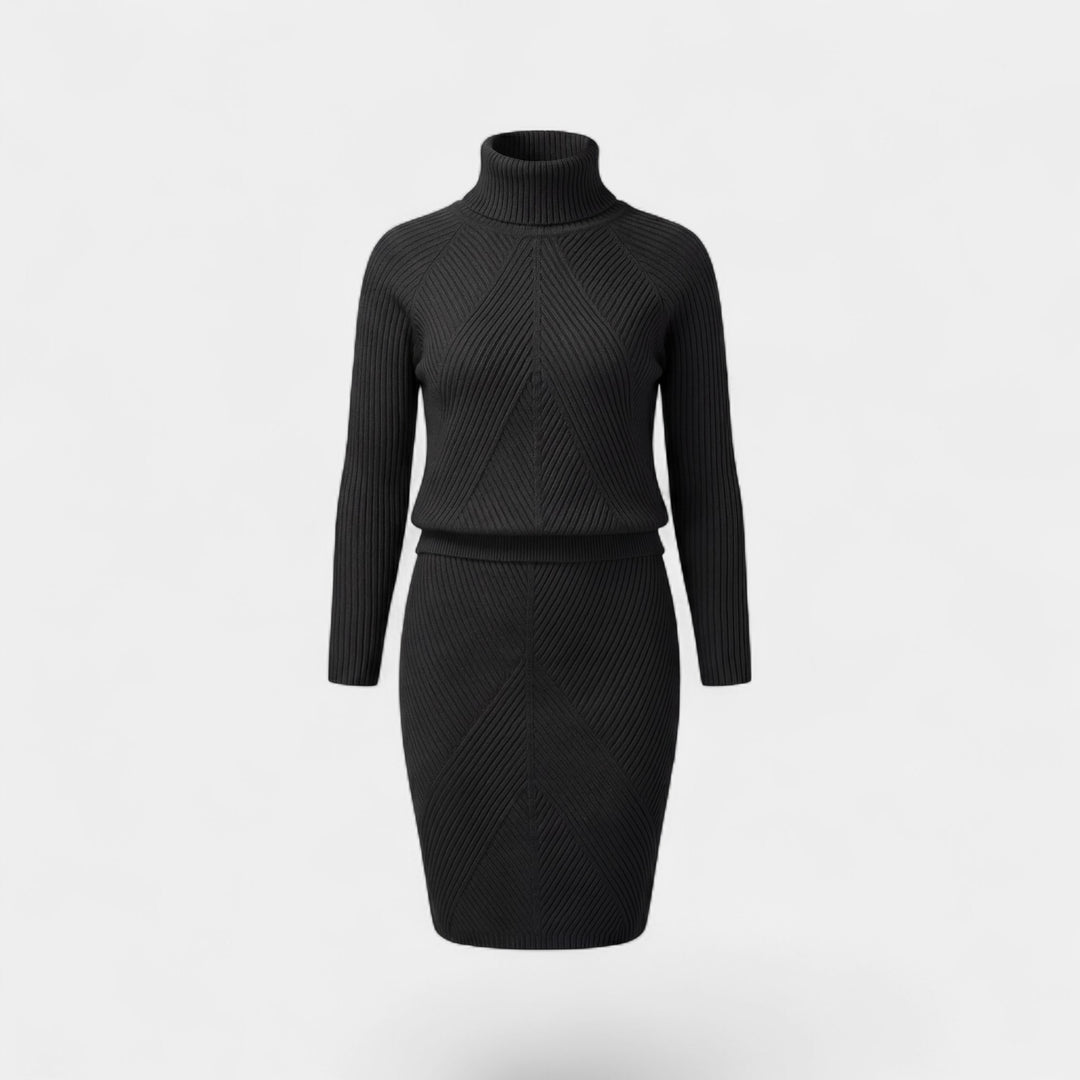 Set aus Rollkragenpullover und Strickrock für Damen – Figurbetonter Schnitt