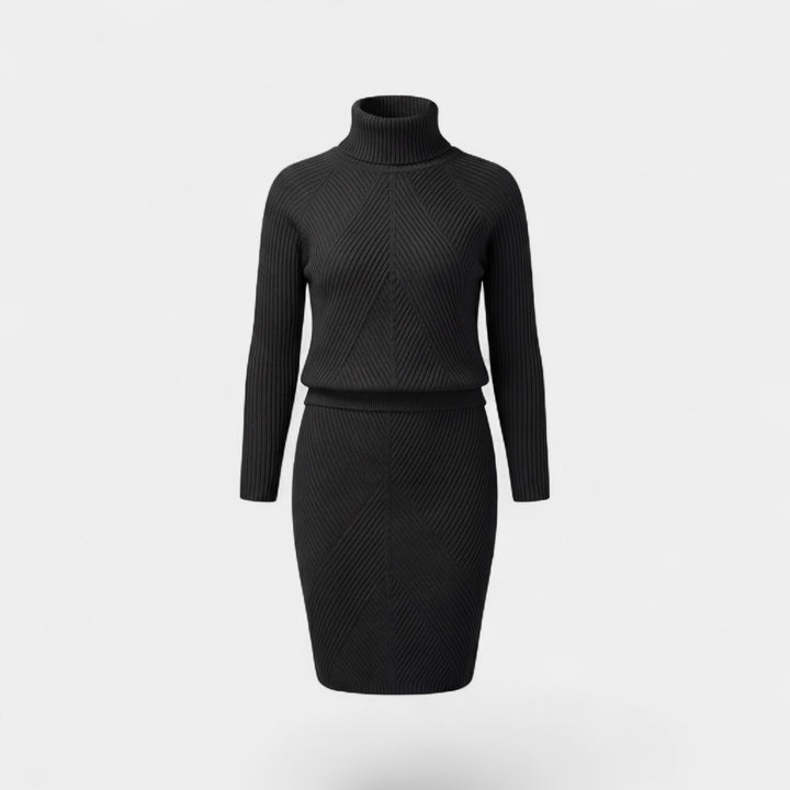Set aus Rollkragenpullover und Strickrock für Damen – Figurbetonter Schnitt
