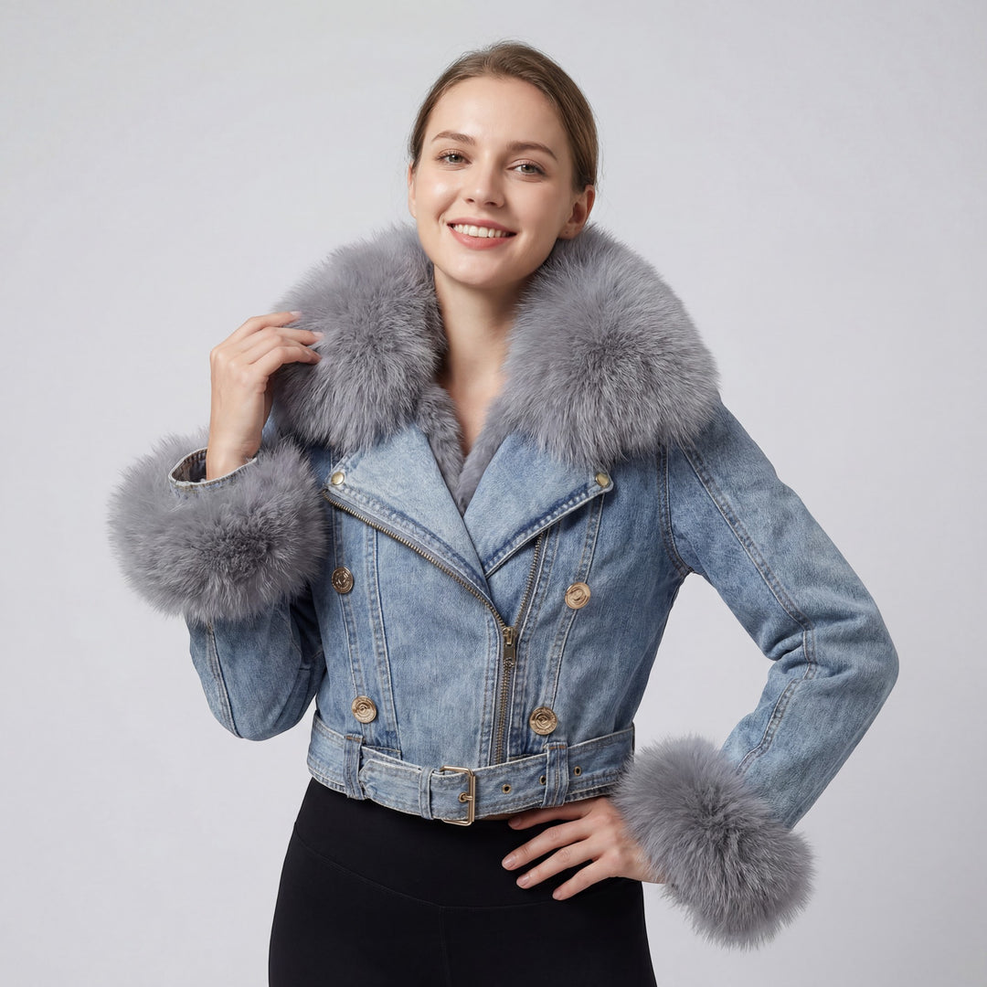 Claire Mode | Damenjacke aus gefüttertem Denim mit Pelz