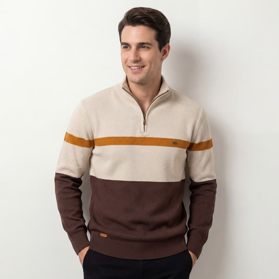 Herren Baumwollstrickpullover mit halbem Reißverschluss – Figurbetonte, strukturierte Passform