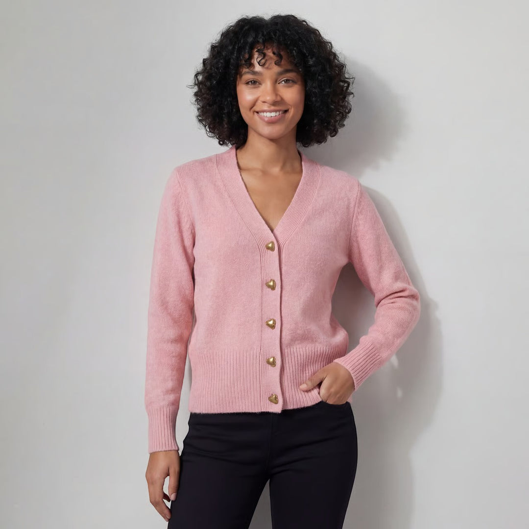 Damen Strickjacke mit V-Ausschnitt – Legere Passform mit Herzschließe