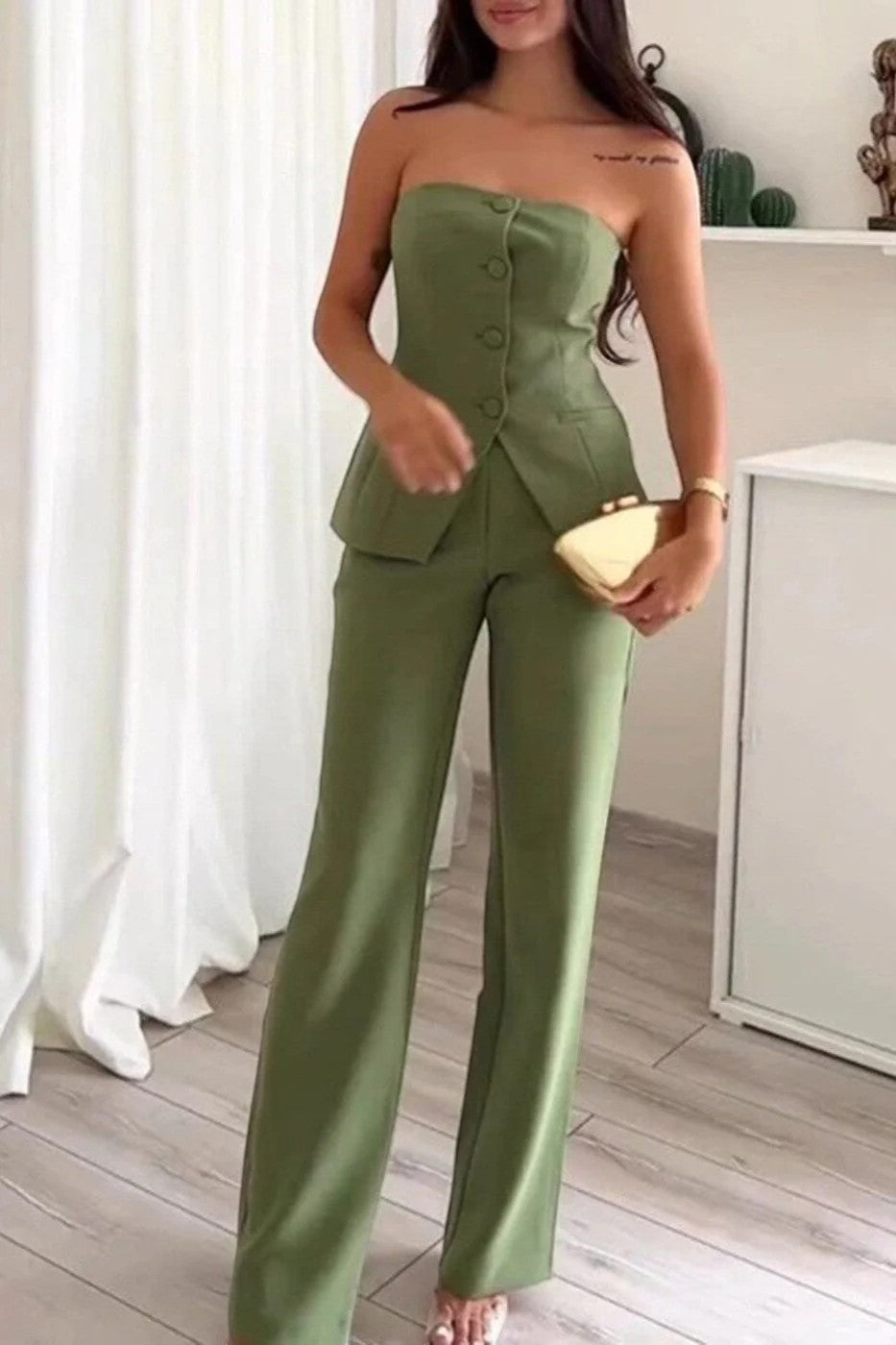 Claire Mode | Completo pantaloni donna due pezzi tailleur senza spalline in tessuto intrecciato