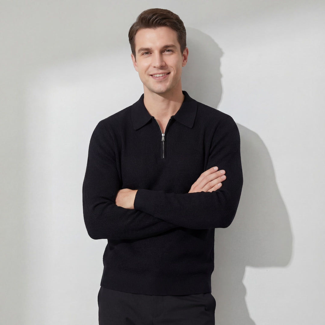Claire Mode | Herren Pullover aus Waffelstrick mit halbem Reißverschluss