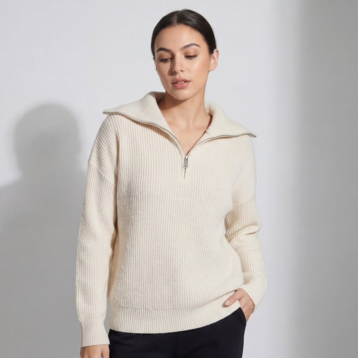 Damen Rippenstrick-Pullover mit halbem Reißverschluss