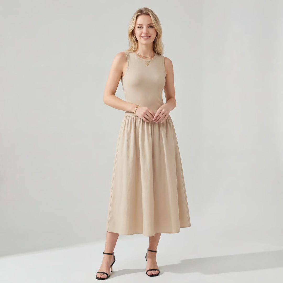 Damen ärmelloses Midikleid aus Stoff – A-Linien ausgestellte Passform