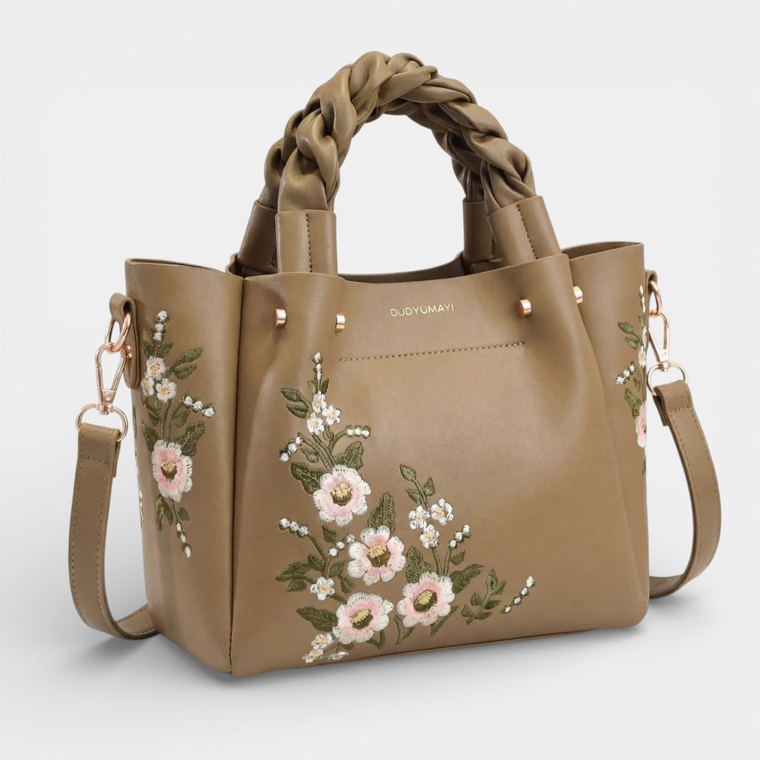 Borsa shopper da donna in pelle con ricamo floreale – borsa strutturata di media grandezza da portare a spalla