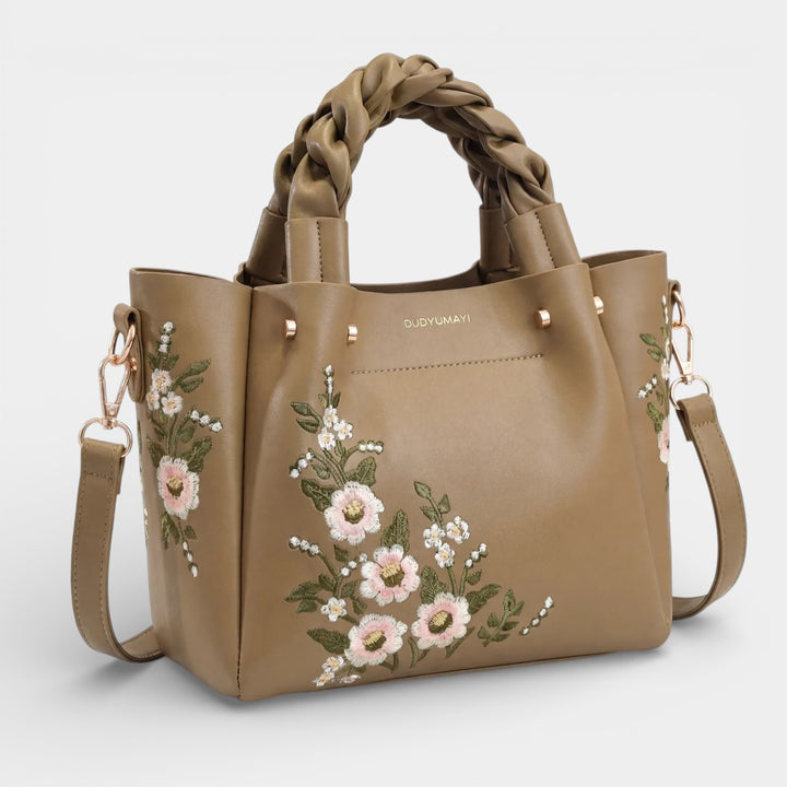 Borsa shopper da donna in pelle con ricamo floreale – borsa strutturata di media grandezza da portare a spalla