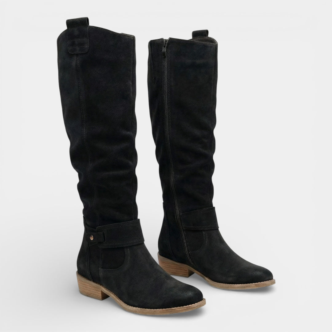 Claire Mode | Damen hohe Stiefel aus Veloursleder mit niedrigem Absatz