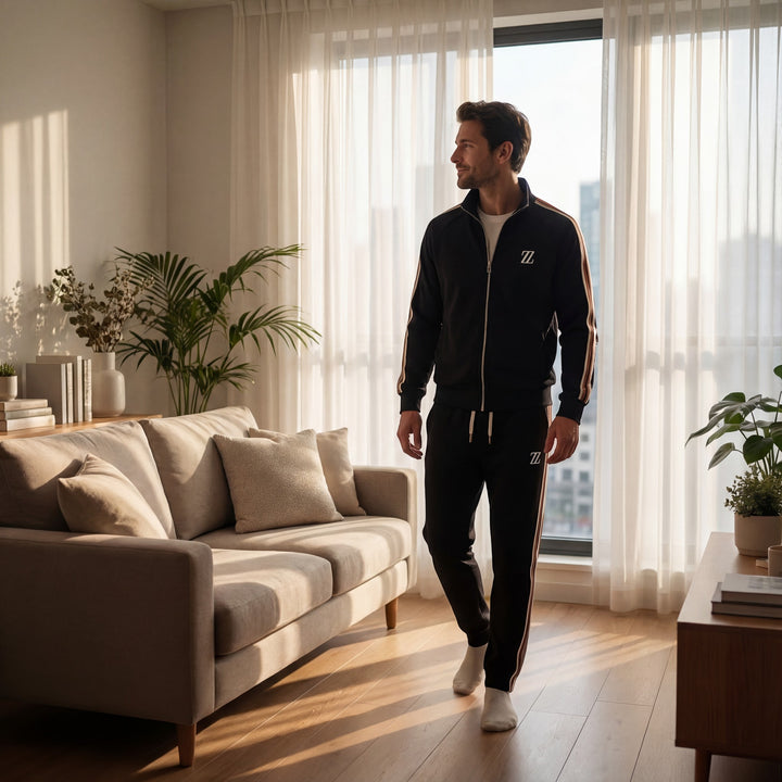 Claire Mode | Lässiges Herren-Set aus feiner Baumwollstrickware mit Stehkragen