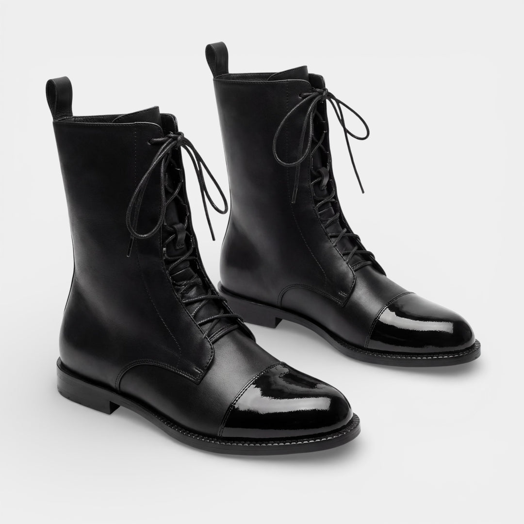 Damen Schnürstiefeletten aus Leder, halbhoch – Runde Spitze, strukturierte Passform