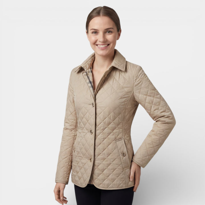 Damen gesteppte Baumwolljacke mit Revers und Wattierung – Figurbetonte, strukturierte Passform