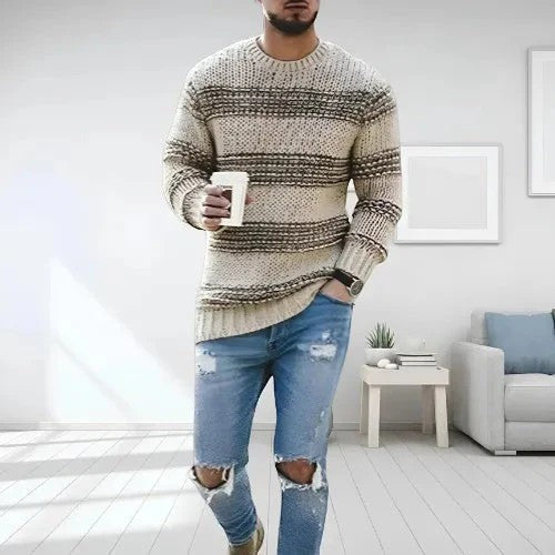 Claire Mode | Maglione Uomo in Maglia a Righe Collo Tondo