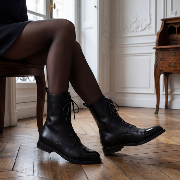 Damen Schnürstiefeletten aus Leder, halbhoch – Runde Spitze, strukturierte Passform
