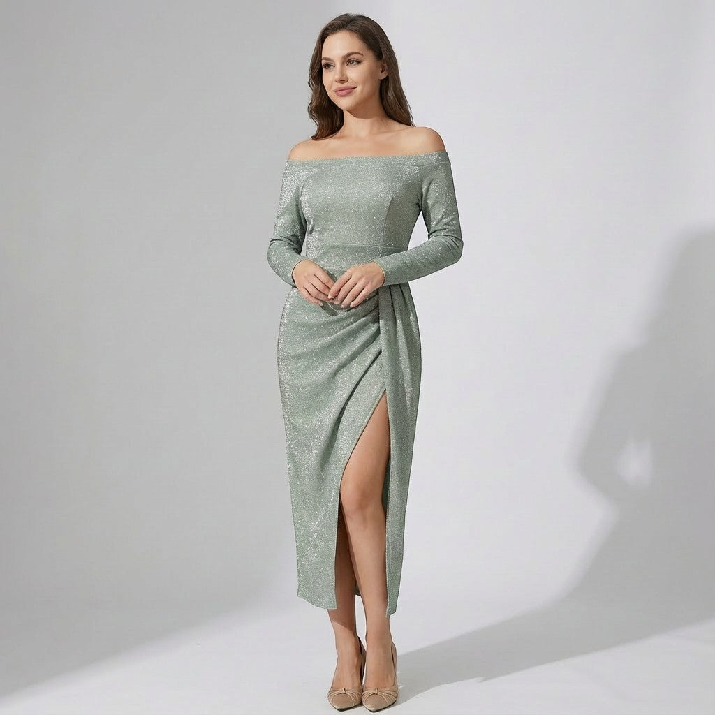 Damen Kleid mit schulterfreiem, schimmerndem Strick – Bodycon-Schnitt
