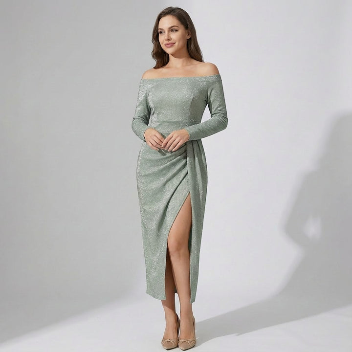 Damen Kleid mit schulterfreiem, schimmerndem Strick – Bodycon-Schnitt