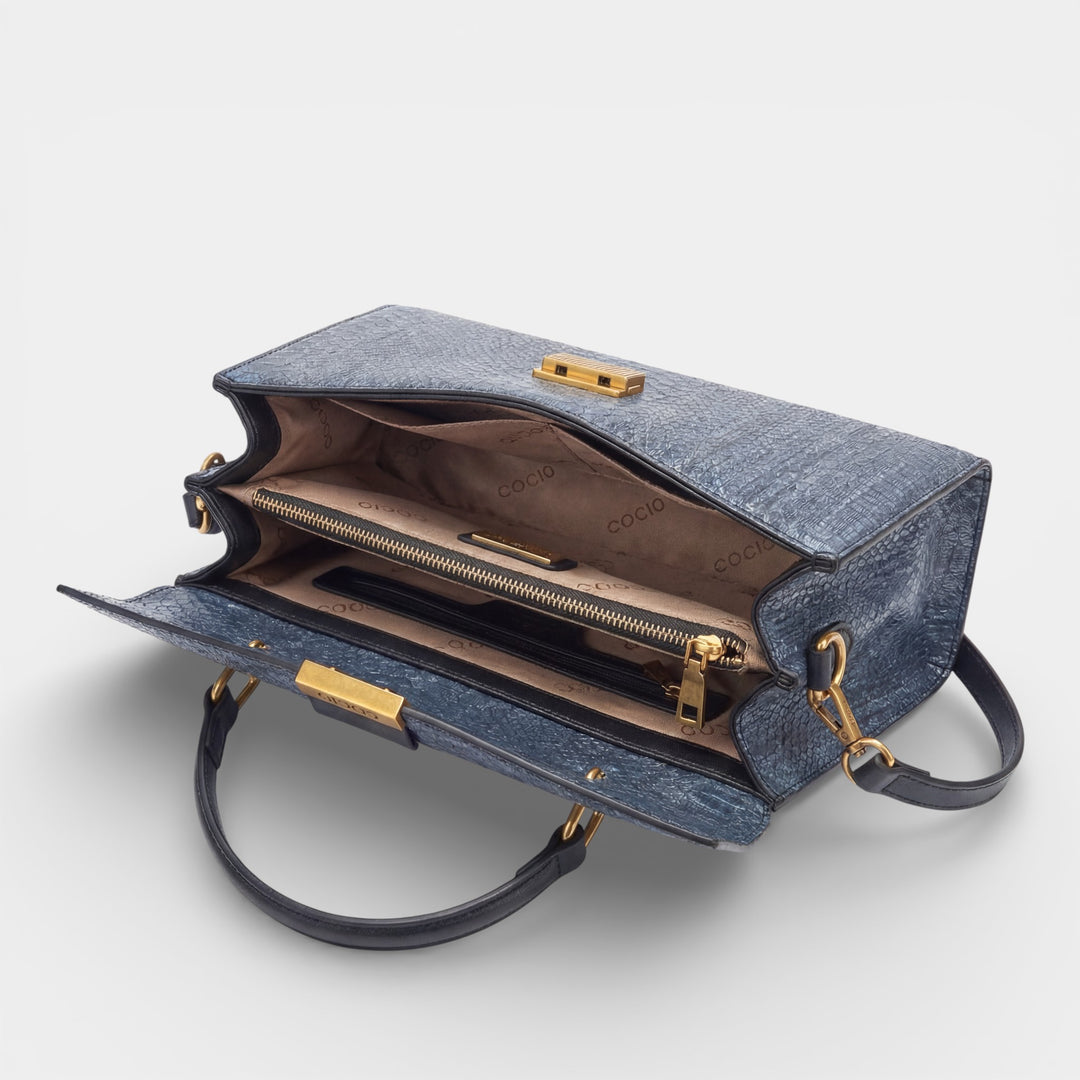 Damen Handtasche aus strukturiertem Leder – Klappverschluss mit Schlangenoptik