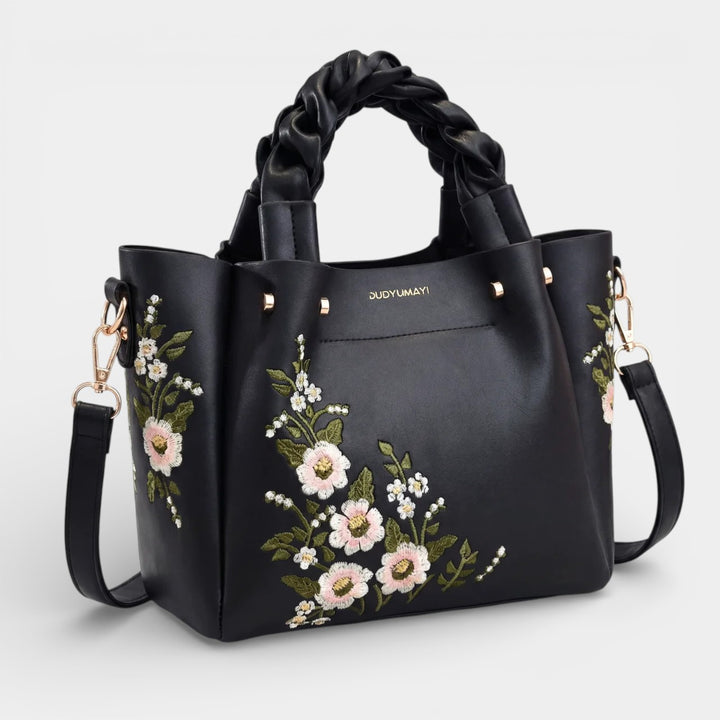 Borsa shopper da donna in pelle con ricamo floreale – borsa strutturata di media grandezza da portare a spalla
