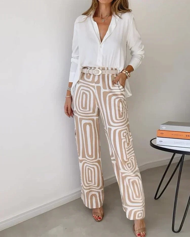 Completo Donna Due Pezzi con Stampa Pantalone Largo – Vita Alta con Cintura | Tessuto Leggero