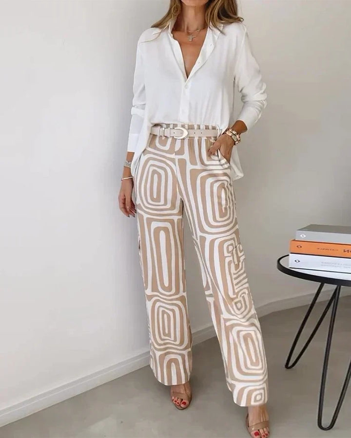 Completo Donna Due Pezzi con Stampa Pantalone Largo – Vita Alta con Cintura | Tessuto Leggero