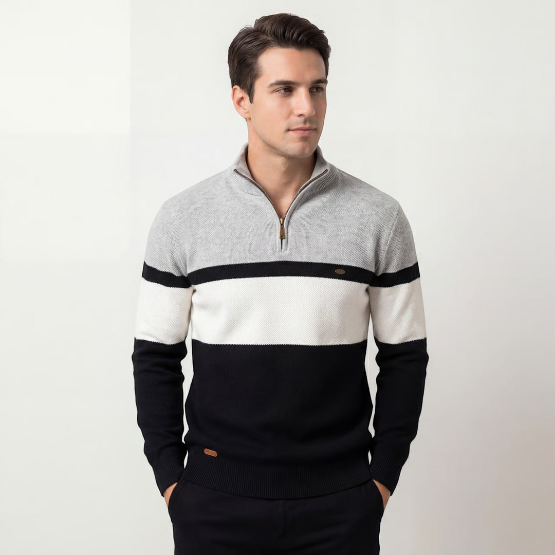 Herren Baumwollstrickpullover mit halbem Reißverschluss – Figurbetonte, strukturierte Passform